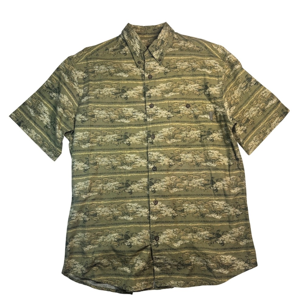 Woolrich Mens Trout Fly Fishing Print Button Down Shirt Short Sleeve Green Brown